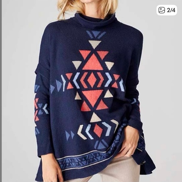 J.Jill Funnel neck Aztec Southwest Patterned Navy Sweater Oversized Size Medium - Picture 1 of 9